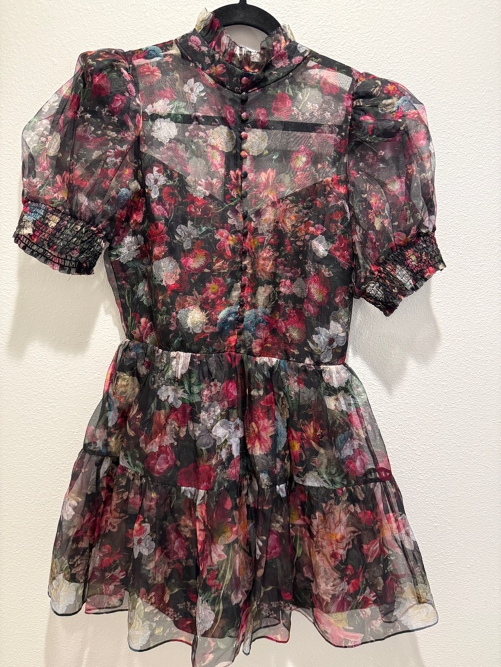 Alice + Olivia Sheer Black Floral Puff Sleeve Mini Dress